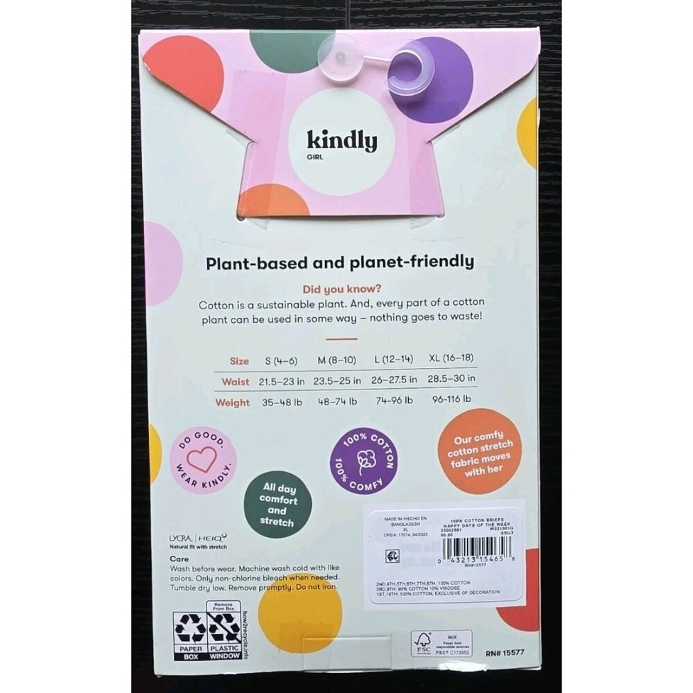 Kindly Girls 10 Pack Cotton Briefs XL 16-18 Sustainable Underwear - Picture 4 of 5